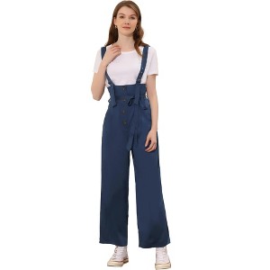 Allegra K Women's High Waist Wide Leg Belted Button Long Overalls Jumpsuit - 1 of 4