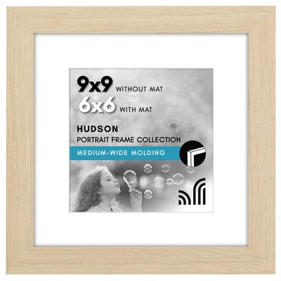 Americanflat 9x9 Picture Frame with Shatter-Resistant Glass - 6x6 with Mat or 9x9 Without Mat - Hudson - Wide Square Frames - Natural Oak