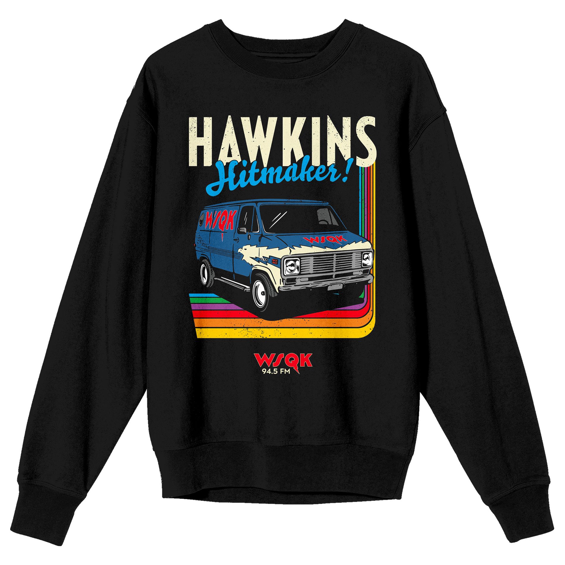 Stranger Things Hawkins Hitmaker Adult Black Crew Neck Long Sleeve Sweatshirt