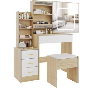 Vanity Desk with Mirror, Makeup Vanity Desk with Sliding Lighted Mirror, Power Outlet, Dressing Table with 4 Drawers, Storage Shelves & Stool - 1 of 4