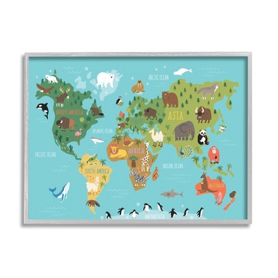 Stupell Industries Country Animals World Map Continents Wildlife Diagram Black Framed Giclee Art
