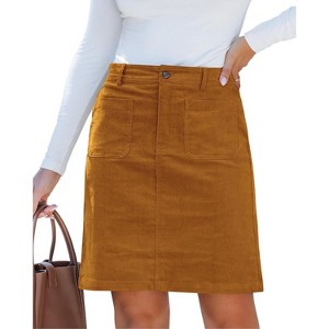 Women's Corduroy High Waist Short Skirt - Trendy Fall Skirt with Elastic Waist & Patch Pockets Cashew Brown - 1 of 4