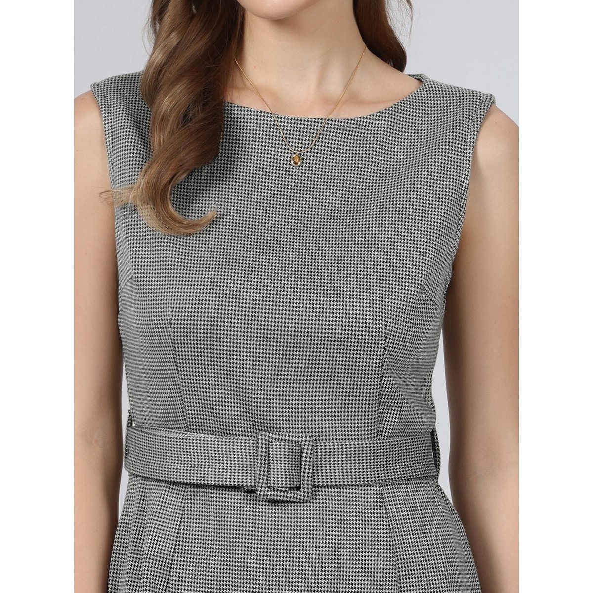 Женские платья INSPIRE CHIC Women's Plaid Houndstooth Belted Sleeveless Boat Neck 2026 Trendy Pencil Dresses Medium Black — фото 4