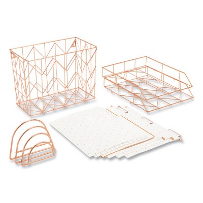 U Brands Letter-Size Desktop Fashion Filing Set, Rose Gold, (1) Rack, (3) Hanging Folders, (3) File Folders, (2) Trays,(1) Mail Sorter