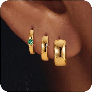 3Pairs 925 Sterling Silver, 14K Gold Plated Small Huggie Hoop Earrings Sets for Multiple Piercing CZ Cartilage Earrings Stacks - 1 of 4