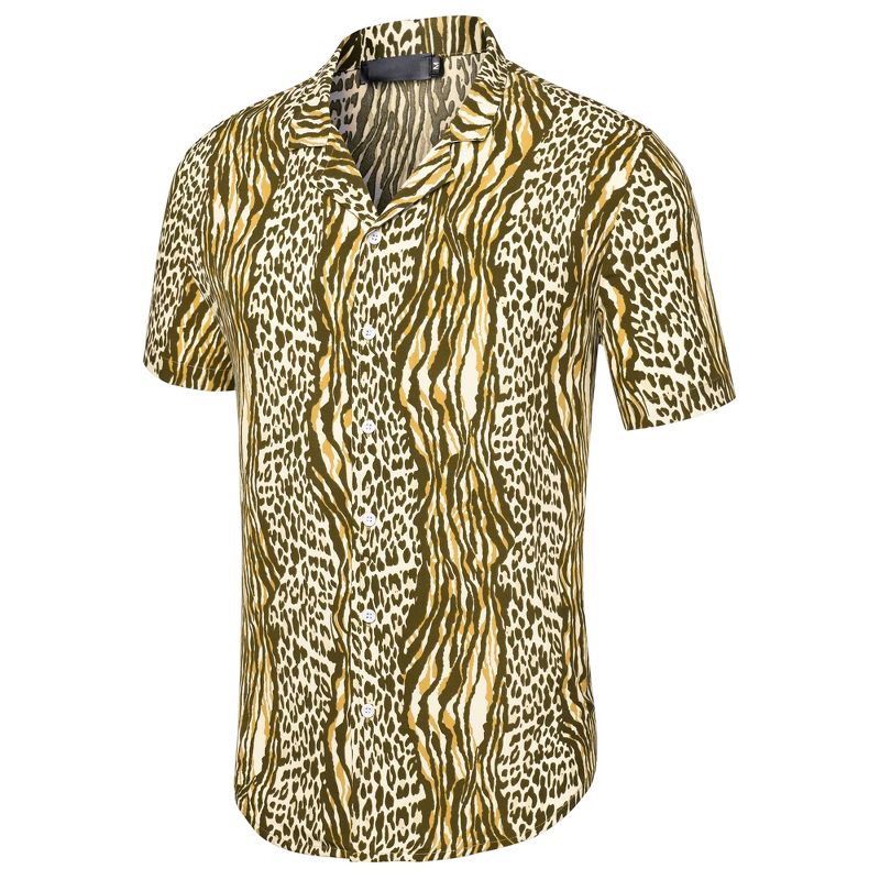 Lars Amadeus Men's Animal Leopard Printed Camp Collar Short Sleeves Button Down Summer Shirt, 5 of 7