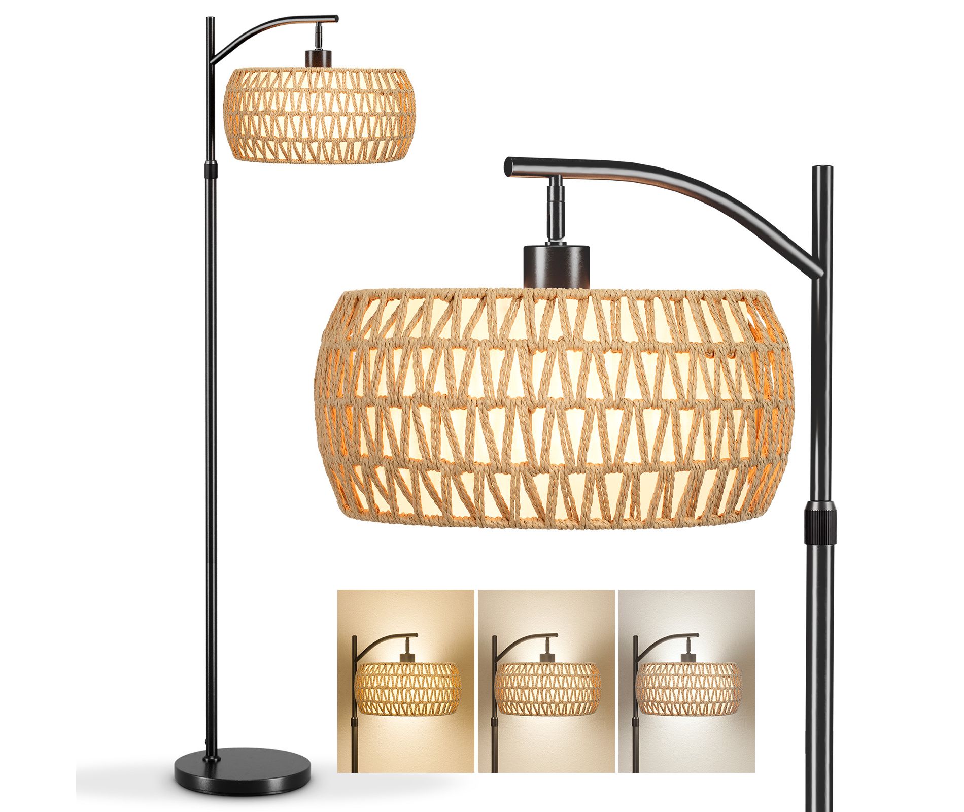 SUGIFT Floor Lamp with Rattan Shade Dimmable Remote Control Adjustable Height 3 Color Temperatures Fabric Option Modern Standing Light