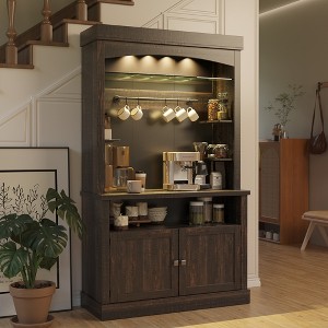 Farmhouse Coffee Bar & Buffet Hutch – 72" Tall LED Lighted Kitchen Sideboard with Microwave Stand, Wine Rack & Glass Shelf for Dining Room - 1 of 4