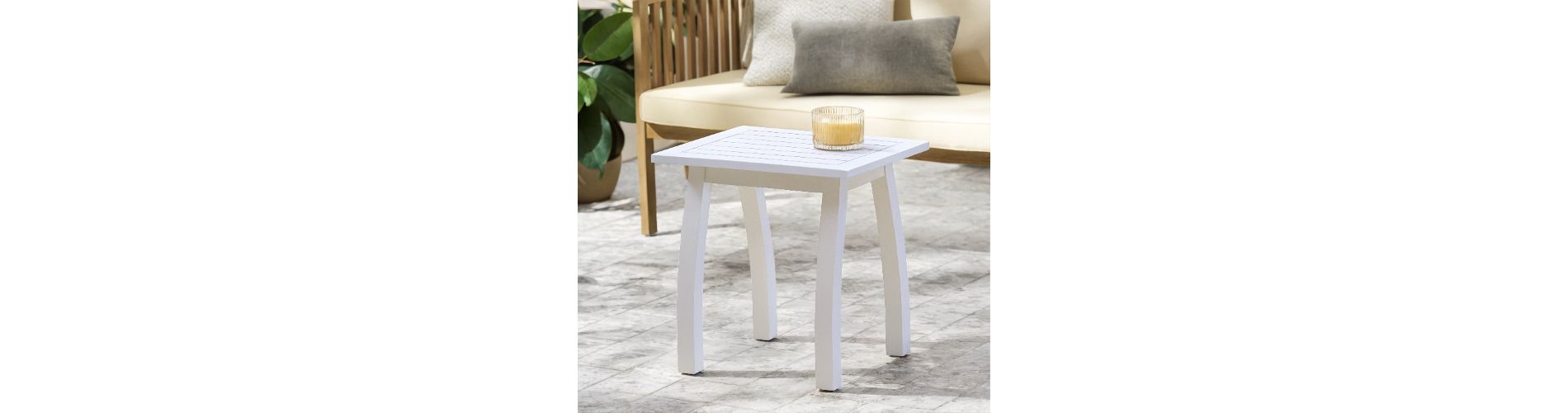 Lyngins Slatted Outdoor Accent Table, Coastal Style Patio End Table for Outside Use, Acacia Wood Outdoor Side Table, Rectangular End Table, White