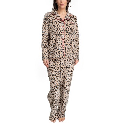 Hanes Womens Stretch Fleece Notch Collar Pajama Set Leopard Print X Large