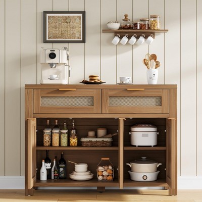 Garvee Boho Rattan Buffet Sideboard Cabinet with 2 Drawers Magnetic Cabinet Doors & Customizable Inner Shelves, for Kitchen Living Room Dining - Dark Oak — фото 3