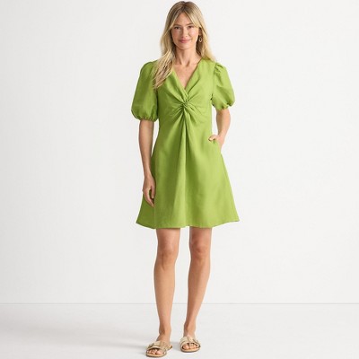 Lands' End Women's Linen Above the Knee Puff Sleeve Dress