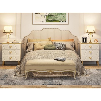 White and Gold 3-Drawer Nightstand Set with Metal Legs