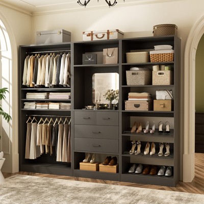 Aheaplus Walk-In Corner Closet System with Mirror, Freestanding Closet Organizer with Drawer and Shelves
