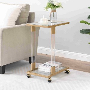 Angel Sar Golden End Table with Glass Top, Acrylic C-Shape Sofa Table on Wheels for Living Room, Bedroom & Office - 1 of 4