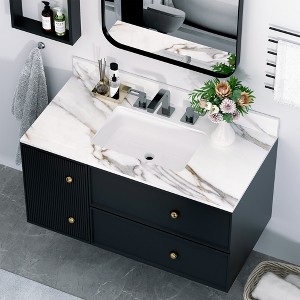 KWPZQEB Marble Vanity Top, with Undermount Rectangular Middle Sink and 4" Height Backsplash, 3 Predrilled Centerset, Carrara white with veins - 1 of 4