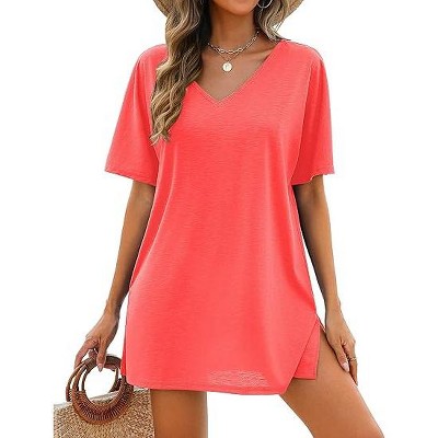 AI'MAGE Women's Swimsuit Coverup Short Sleeve Bathing Suit Cover Up Casual T-Shirt Dress Loose Beachwear Coverups S-3XL