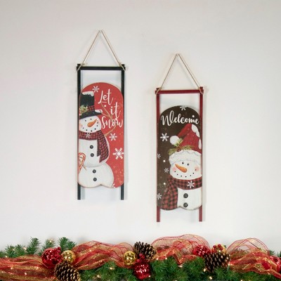 21.75" Brown and Red Wooden Snowman Sled Wall Sign