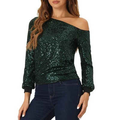 Allegra K Women's Sequin Party Sparkly Glitter Long Sleeve Off Shoulder Top