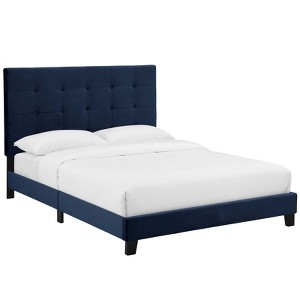 Modway Melanie Queen Tufted Button Upholstered Performance Velvet Platform Bed - Midnight Blue - 1 of 4