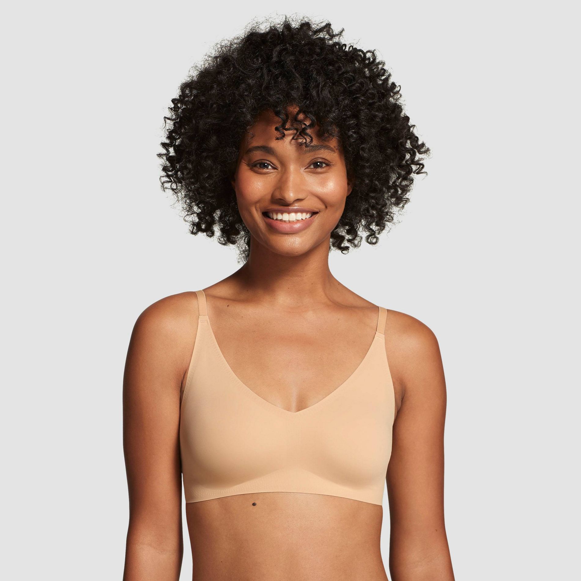 True & Co. True Everybody Women's Adjustable Strap Triangle Bra - Light Beige M: Wireless, Removable Padding, V Neck