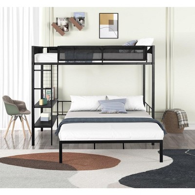 Metal Twin over Full Bunk with Shelves & Grid Panel Sturdy Metal Bed Frame Noise-free Wood Slats Comfortable Textilene Guardrail, For Boys Girls Teens