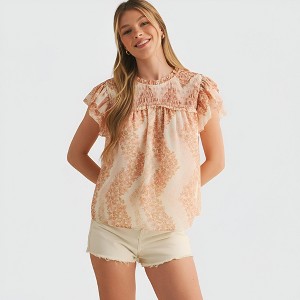 Knit & Lounge Women’s Smocked Flutter Sleeve Top Soft Woven Fabric Floral Pattern Ruffle Trim Detail Lightweight - 1 of 4