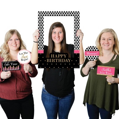 Big Dot of Happiness Chic Happy Birthday - Pink, Black and Gold - Birthday Party Selfie Photo Booth Picture Frame & Props - Printed on Sturdy Material