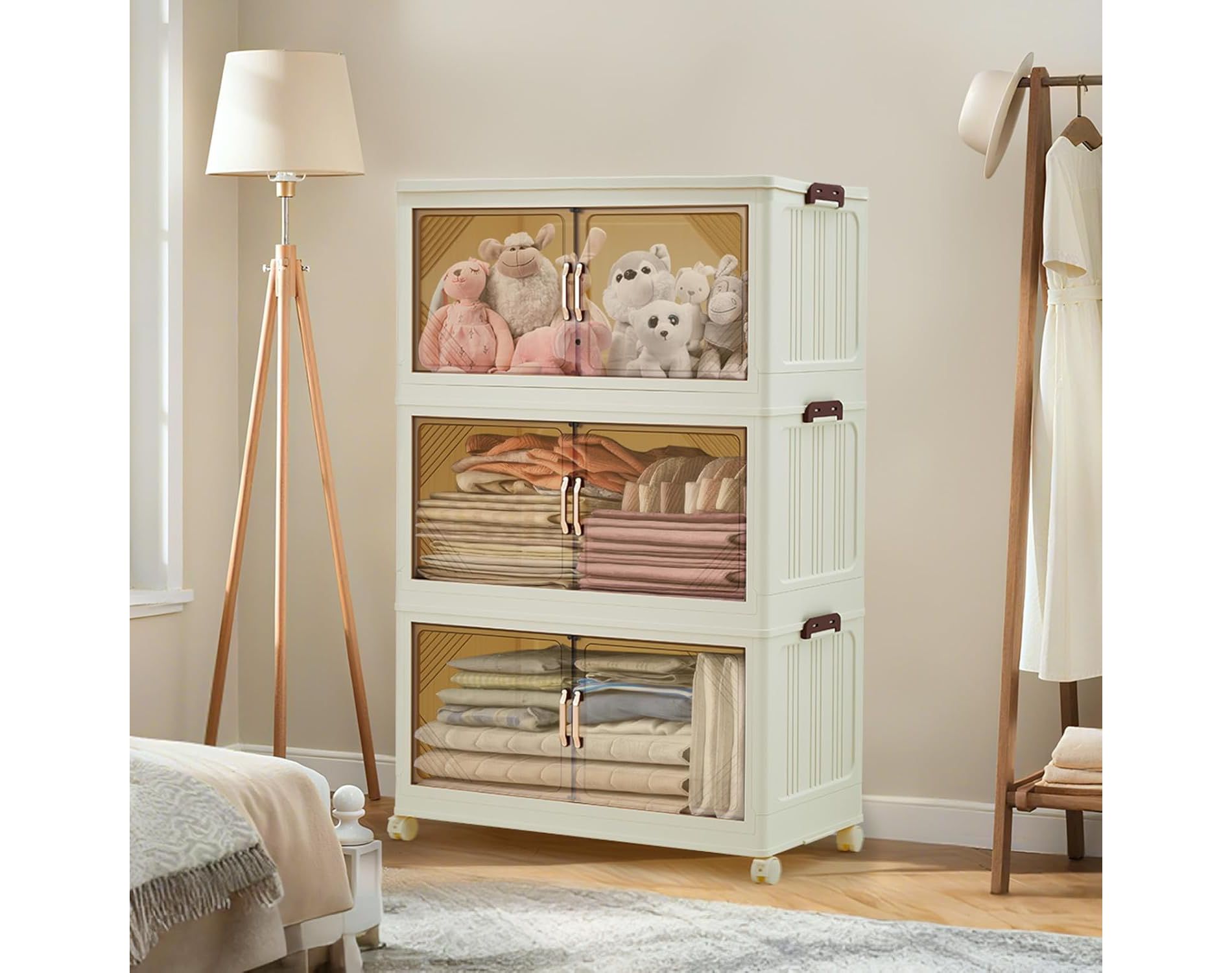 Stackable Storage Bins with Lids, White Collapsible Storage Bins with Lockable Wheels, Plastic Closet Organizers and Storage Drawer for Bedroom