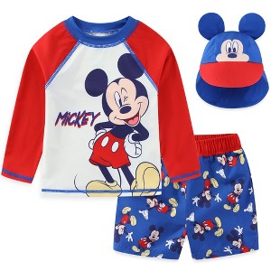 Disney Mickey Mouse Baby Boys UPF 50+ Rash Guard, Swim Trunks and Sun Hat with Ears 3 Piece Bathing Suit Set for Infants - 12M - 1 of 4