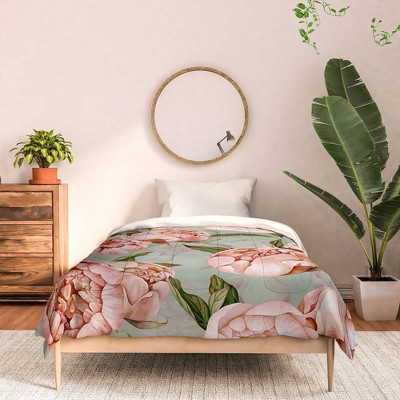 Deny Designs Queen UtArt Peach Peonies Watercolor Pattern Poly Comforter Set - Deny Designs: Reversible Floral Bedding, 3-Piece, Blue — фото 3