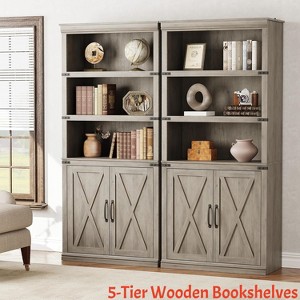Home Office 5 Tier Book Shelf with Cabinet, 68.7" Tall Modern Farmhouse Bookcase w/ Doors and Adjustable Shelf, Wooden Storage Organizer Shelving Unit - 1 of 4