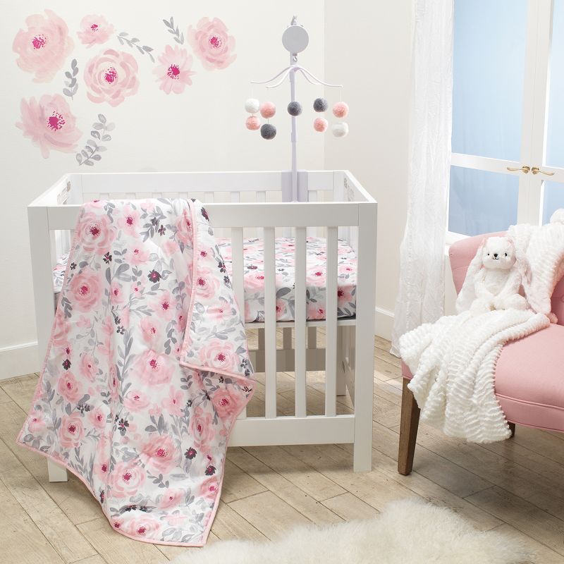 Bedtime Originals Blossom Fitted Mini Crib Sheet - Pink, Gray, White, Floral, 5 of 7