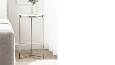 Silver Round Marble and Metal Side Table