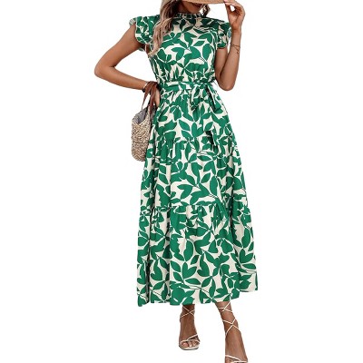 Floral Maxi Dress for Women Ruffled Cap Sleeve A Line Dress with Crew Neck Highwaist Tiered Dress Belted Maxi Sundress Garden Party Dress