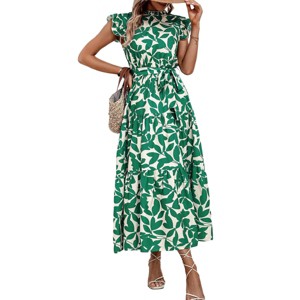 Floral Maxi Dress for Women Ruffled Cap Sleeve A Line Dress with Crew Neck Highwaist Tiered Dress Belted Maxi Sundress Garden Party Dress - 1 of 4