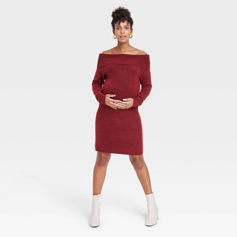 Red off the hot sale shoulder knit dress