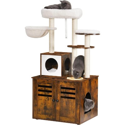 Heybly Cat Tree, Wood Litter Box Enclosure with Food Station