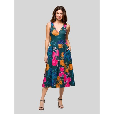 24seven Comfort Apparel Womens Midi Length Blue Floral Print Sleeveless Pleated Pocket Dress