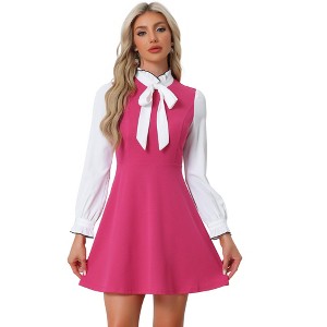 INSPIRE CHIC Women's Elegant Contrast Ruffle Stand Collar Bow Tie Puff Sleeve Office Dress - 1 of 4