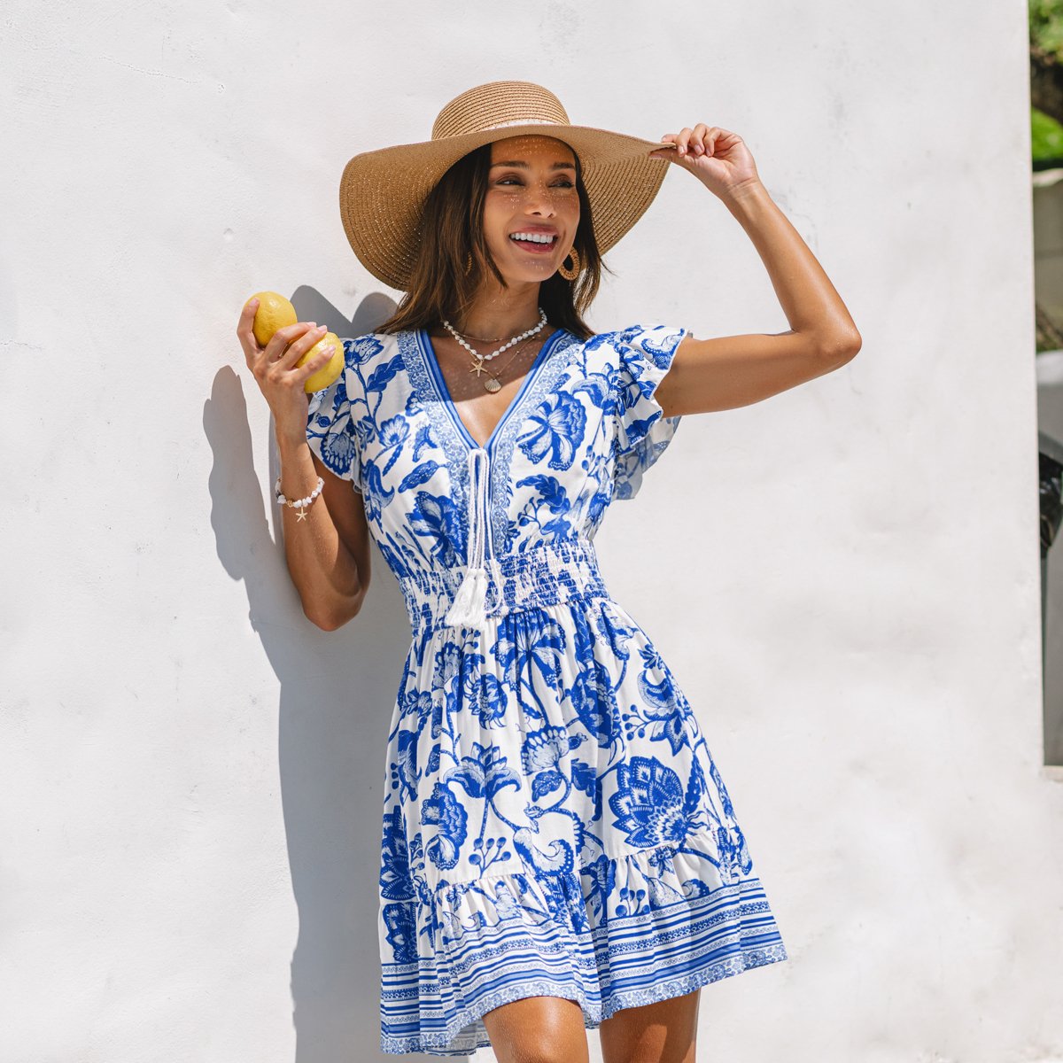 Женские платья Cupshe Women's Floral Print Ruffle Sleeve Smocked Dress-S-Blue — фото 2