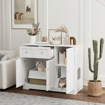 White Wooden Cat Litter Box Enclosure with Storage Drawers
