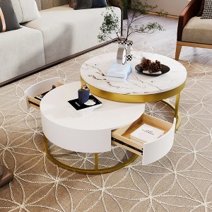 TIRAMISUBEST Round Nesting Coffee Table Set with 2 Drawers, Luxury Cocktail Table with Gold Metal Base - 1 of 4