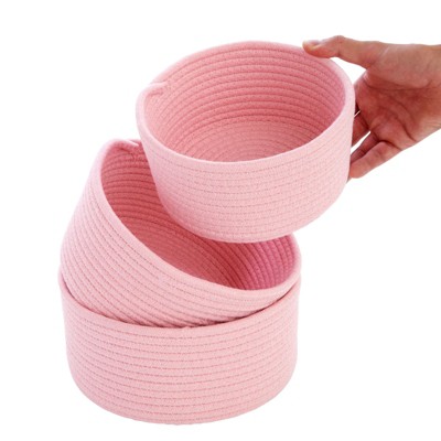 Elegant Pink Cotton Rope Woven Storage Basket Trio