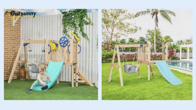 Natural Wooden Outdoor Playset with Swing, Slide, and Fort