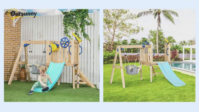 Outsunny Wooden Outdoor Playset with Baby Swing Seat, Toddler Slide, Wheel, Telescope, Backyard Playground Set, Kids Playground Equipment, Ages 1.5-4, 2 of 8, play video