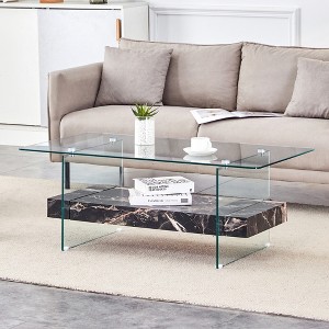 KTMBDW 2-Tier Coffee Table, Modern Glass Coffee Table with Texture Design Storage Shelf, Rectangle Side End Table, Display Stand for Living Room - 1 of 4