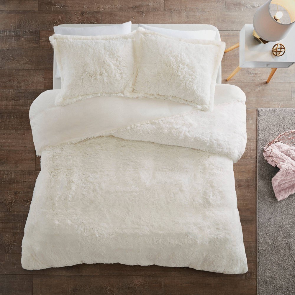 Photos - Bed Linen King Leena 3pc Shaggy Faux Fur Duvet Cover Set Ivory