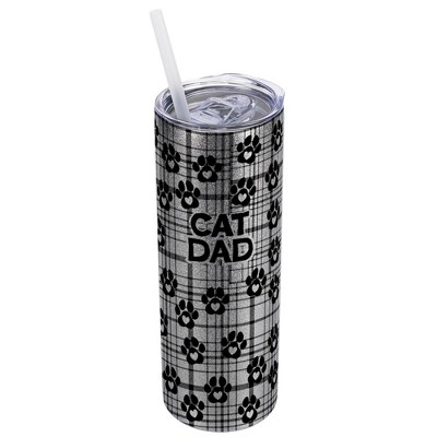 Elanze Designs Plaid Paw Prints Silvertone Sparkle 20 Ounce Double Wall Stainless Steel Glitter Travel Tumbler With Sliding Lid And Straw, Cat Dad