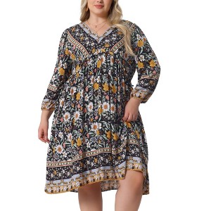 Agnes Orinda Women's Plus Size Boho V Neck 3/4 Sleeve Floral Casual Beach Mini A Line Dress - 1 of 4